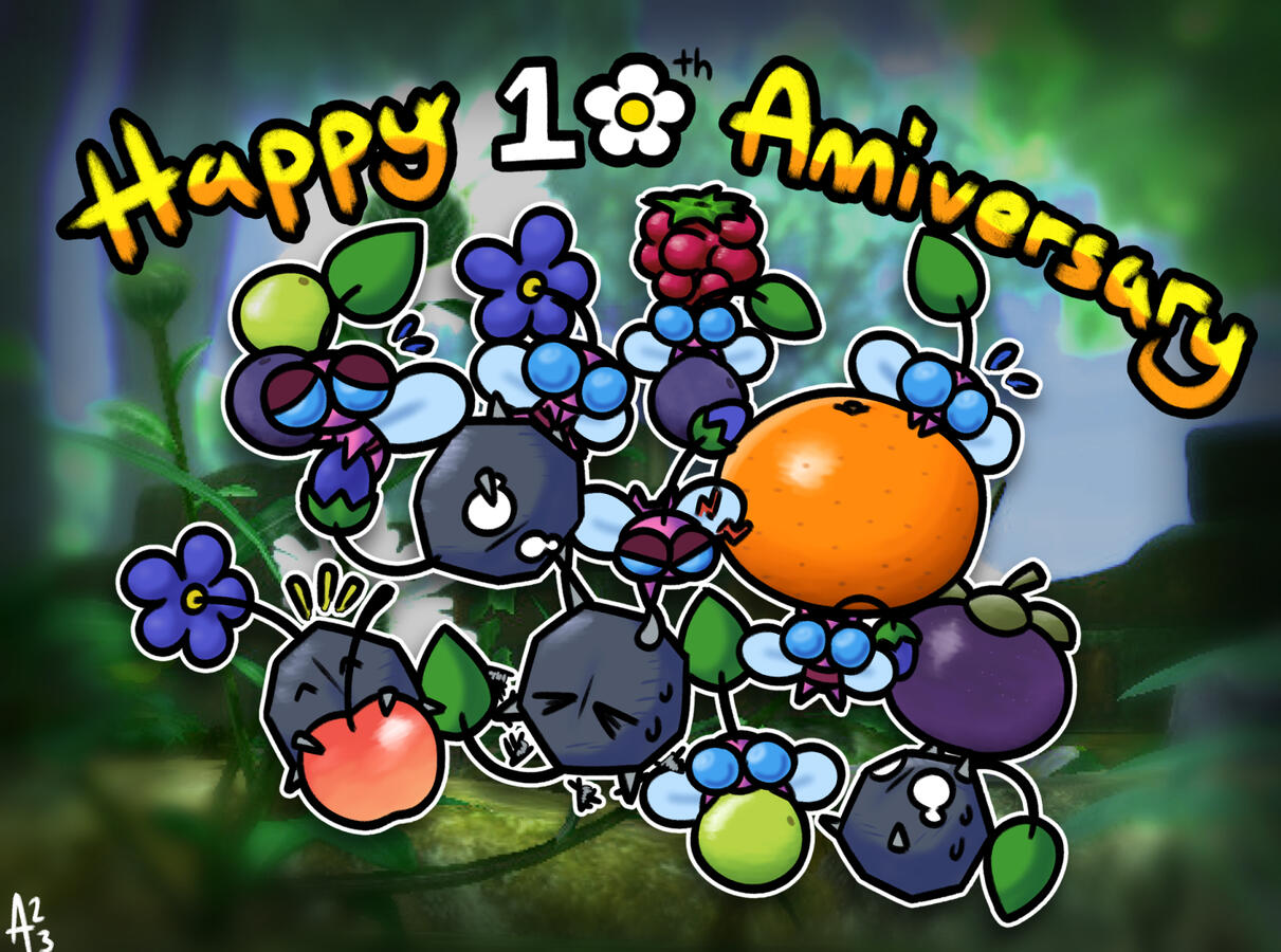 Artwork featuring Rock Pikmin and Winged Pikmin carrying various fruits, made to celebrate the 10th anniversary of Pikmin 3's release.