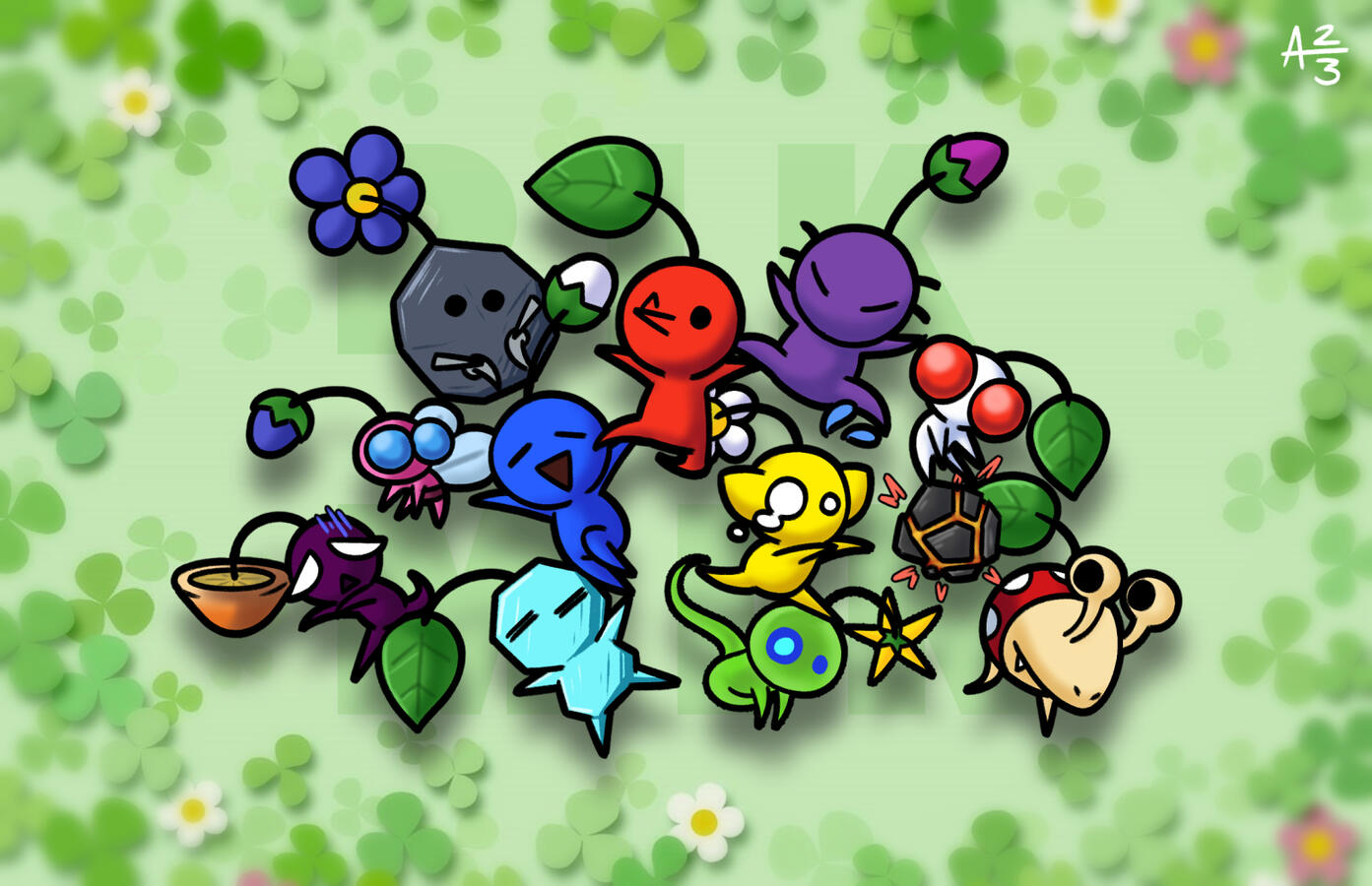 Artwork featuring all of the different types of Pikmin spanning across every Pikmin game.