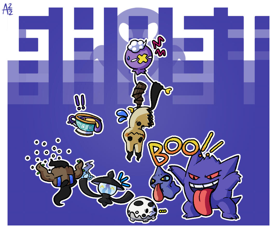 Artwork featuring various ghost-type Pokémon interacting with each-other.