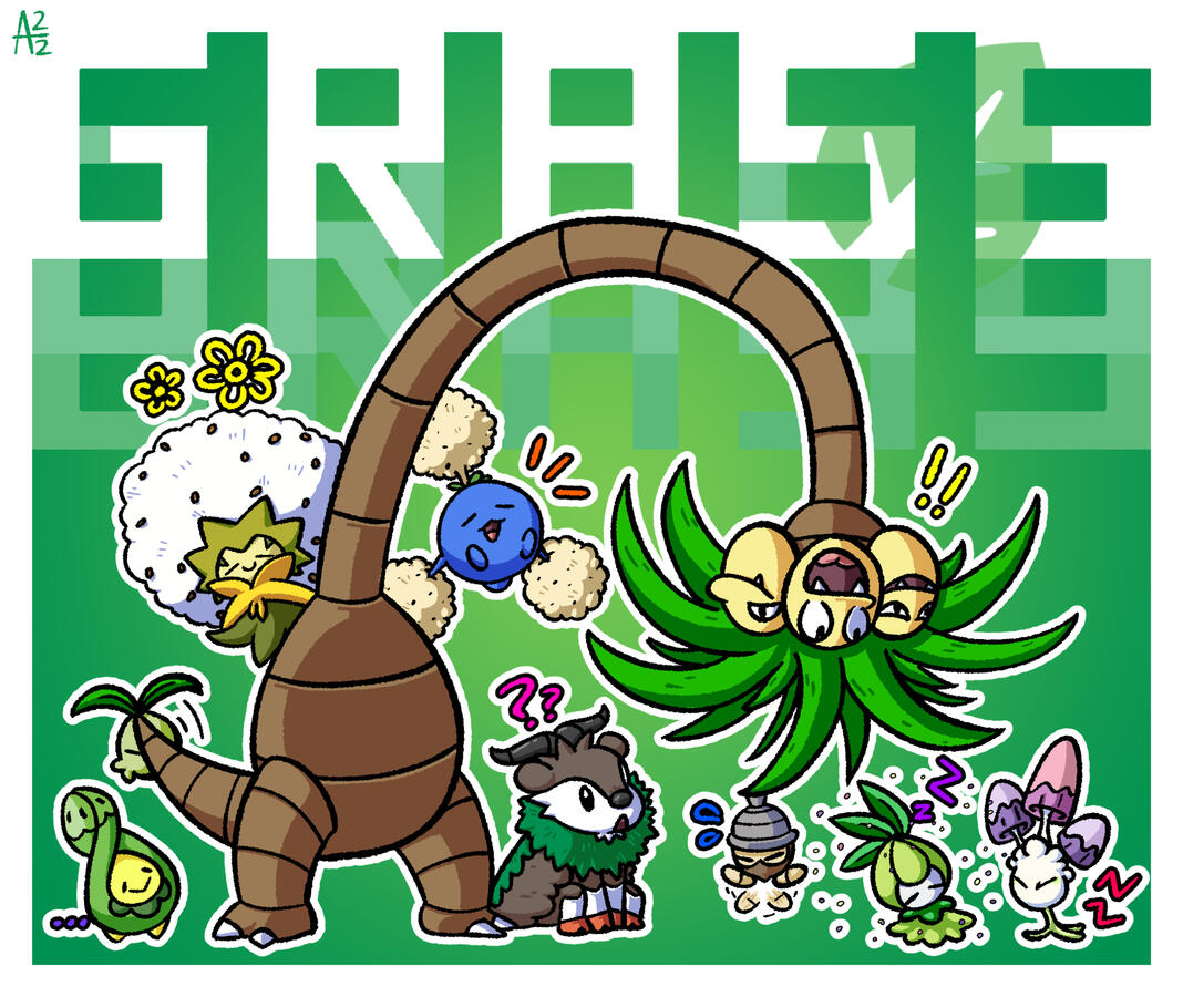 Artwork featuring various grass-type Pokémon interacting with each-other.
