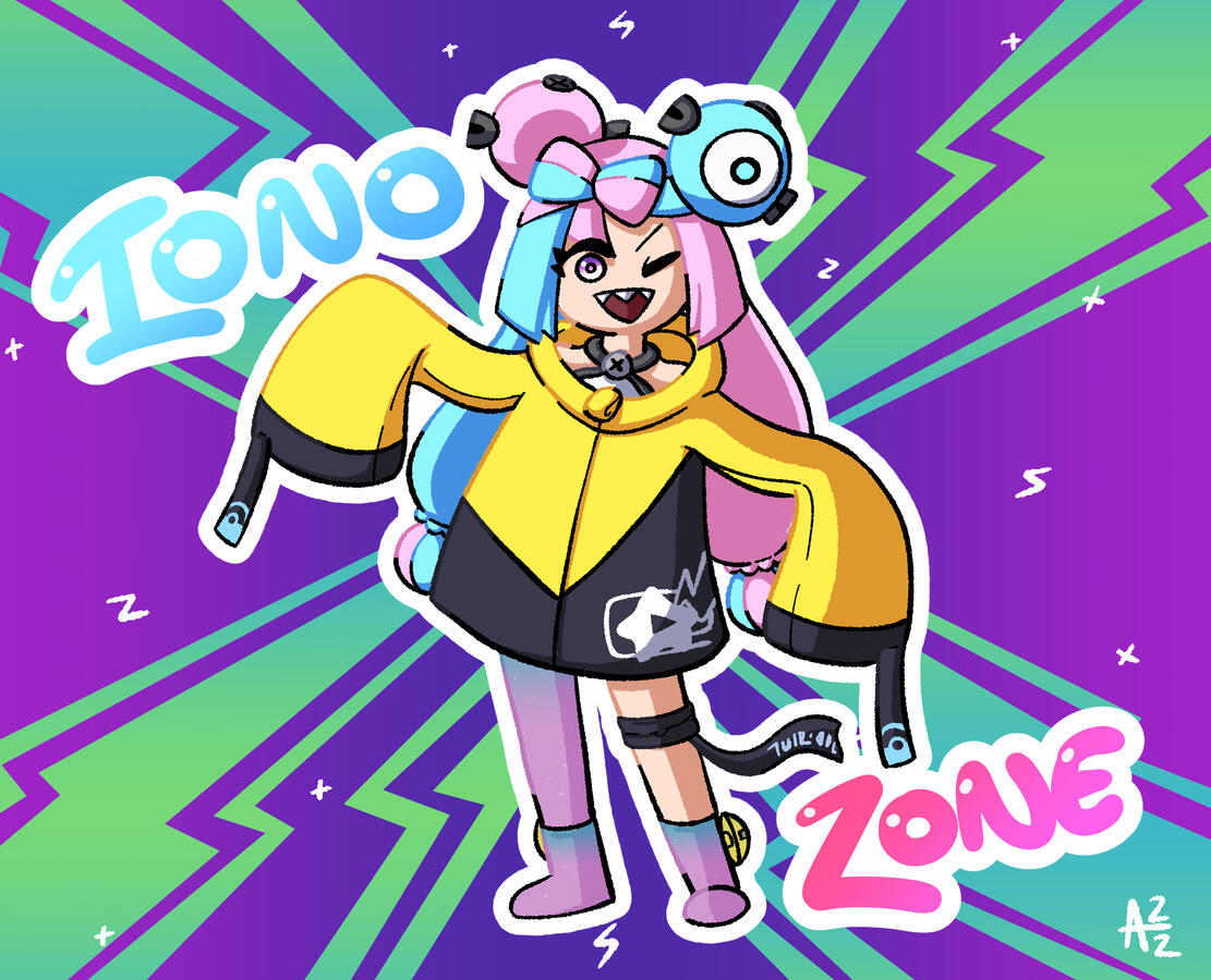 Artwork of Iono, the Electric-type Gym Leader from Pokémon Scarlet and Violet, featuring a recreation of the official backgrounds seen in her promotional material.