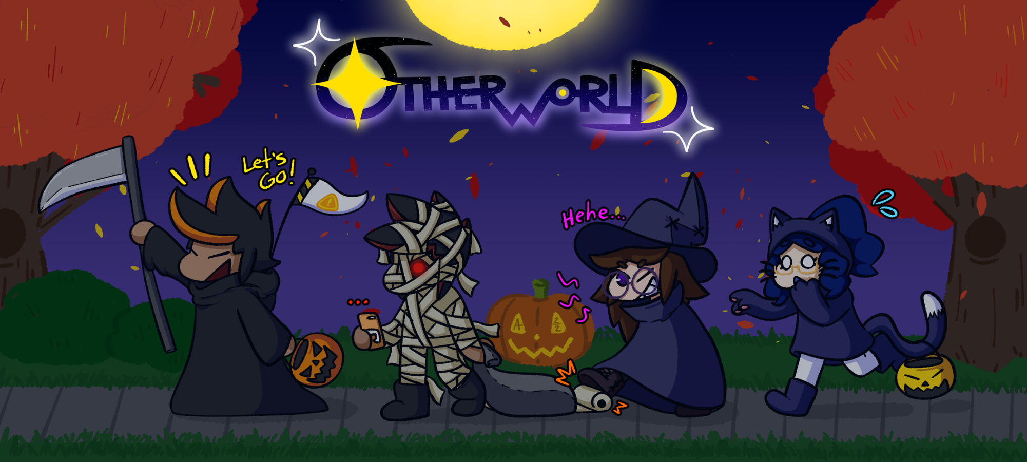 Artwork featuring my characters (from left to right) Jonas, Jordan, Penelope, and Miranda, all walking down their street on Halloween, trick or treating. This illustration is for my currently running webcomic; Otherworld.