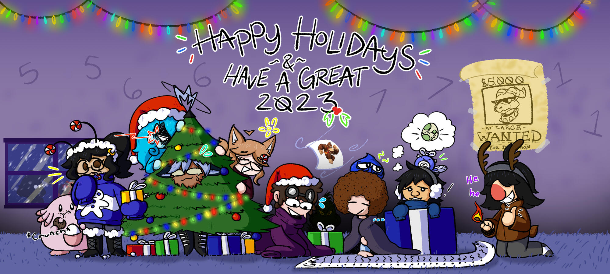 Artwork featuring myself alongside many of my friends, all dressed in festive attire around a Christmas tree, to celebrate the holidays in 2022.